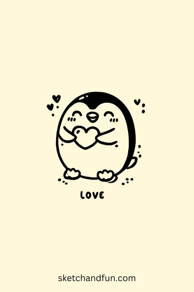 Simple Penguin Drawing, Penguin Holding a Heart