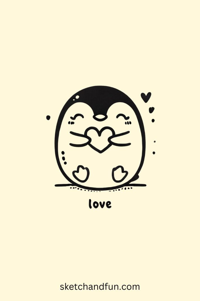 Easy Penguin Drawing, Penguin Holding a Heart Drawing