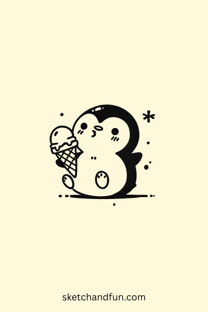 Easy Penguin Drawing Cute, Penguin with an Ice Cream Drawing