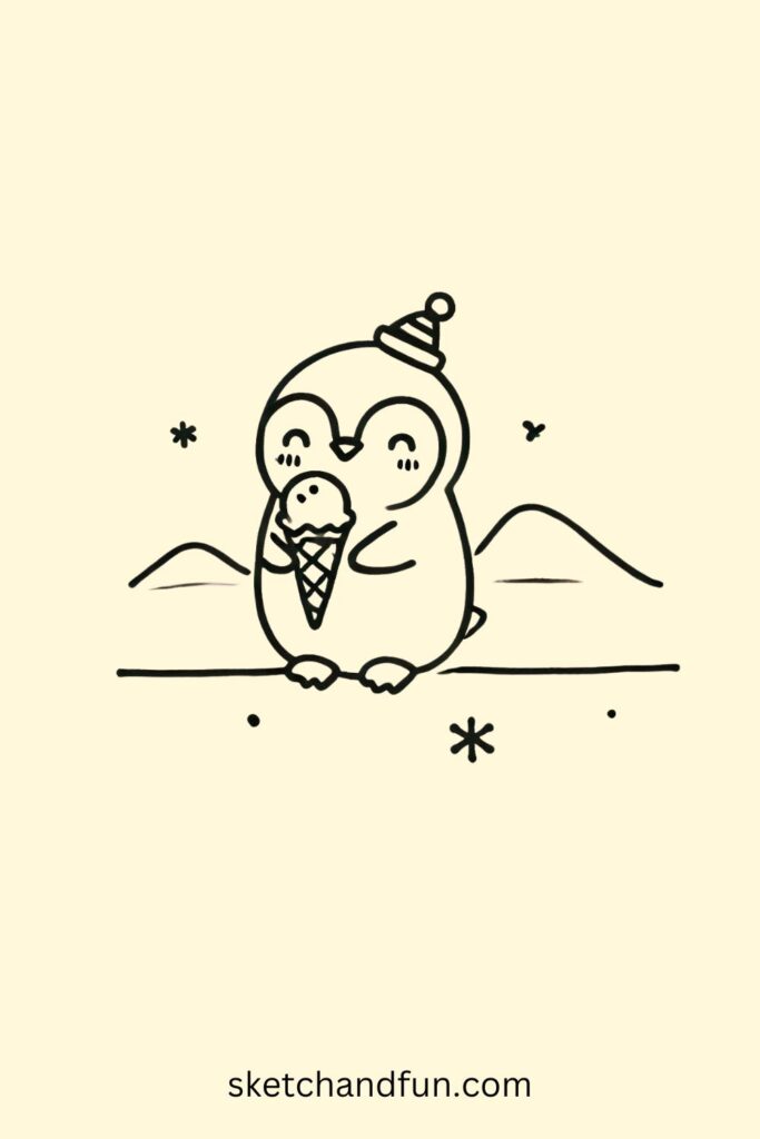 Easy Penguin Drawing Cute, Penguin with an Ice Cream Drawing