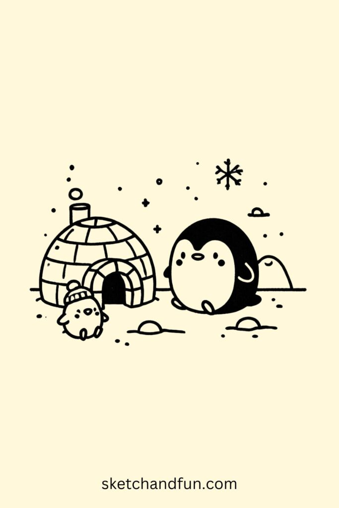 Easy Penguin Drawing, Penguin and a Tiny Igloo Easy Drawing