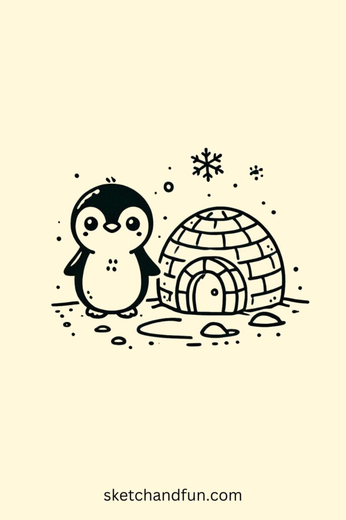 Easy Penguin Drawing, Penguin and a Tiny Igloo Easy Drawing