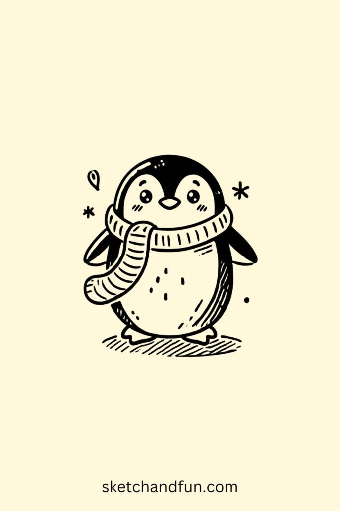 Penguin Easy Drawing, Penguin with a Scarf