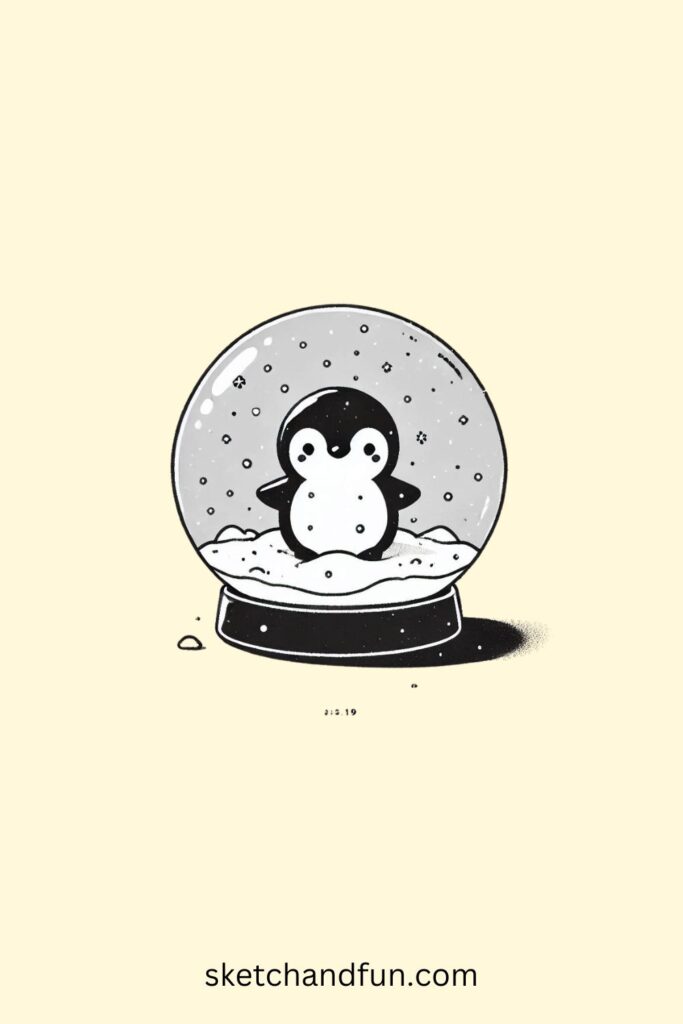 Penguin Drawing Easy, Penguin in a Snow Globe