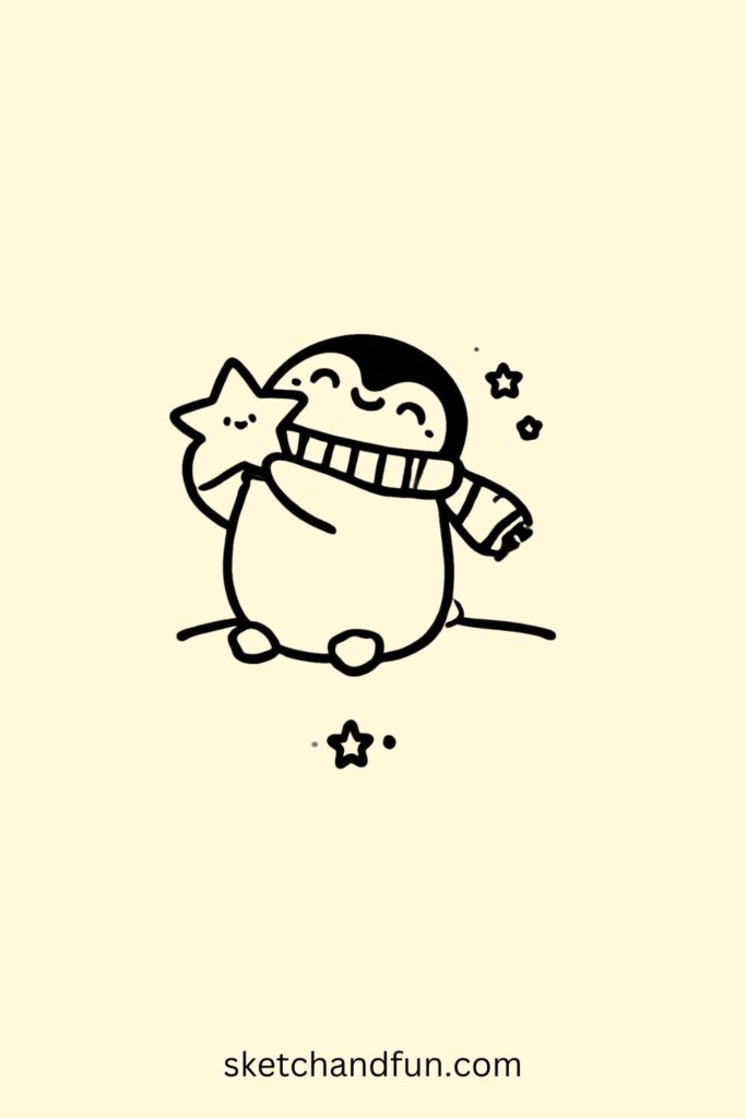 Penguin Drawing Cute, Penguin Holding a Star Easy Drawing