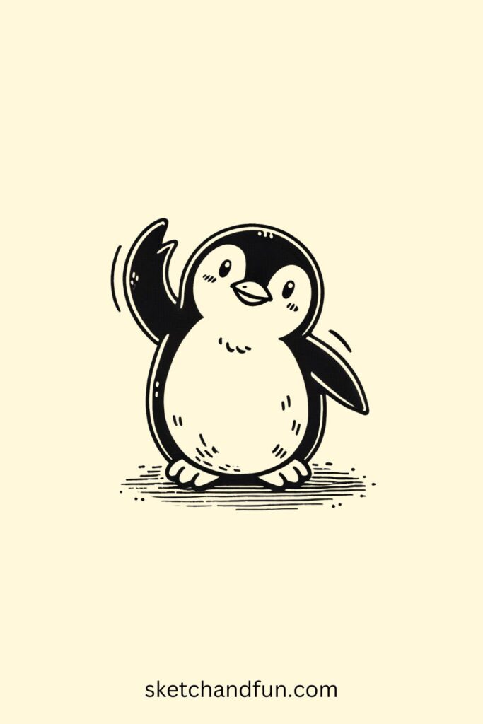 Penguin drawing for Kids, Cute Penguin Waving Drawing