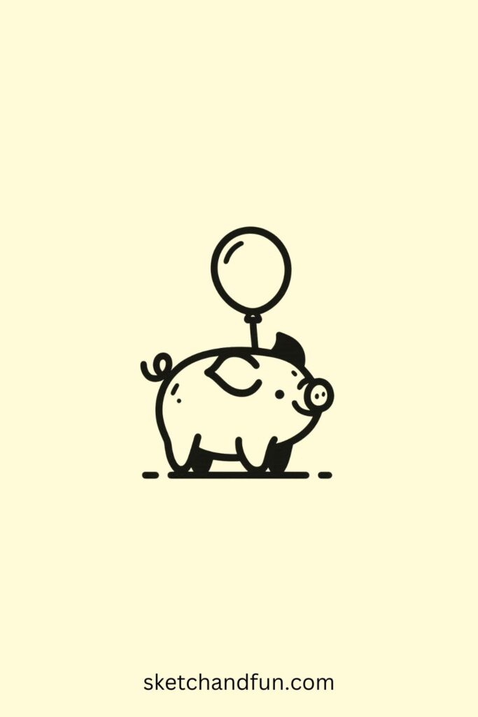 Easy Cute Pig Drawing, Pig with Balloon