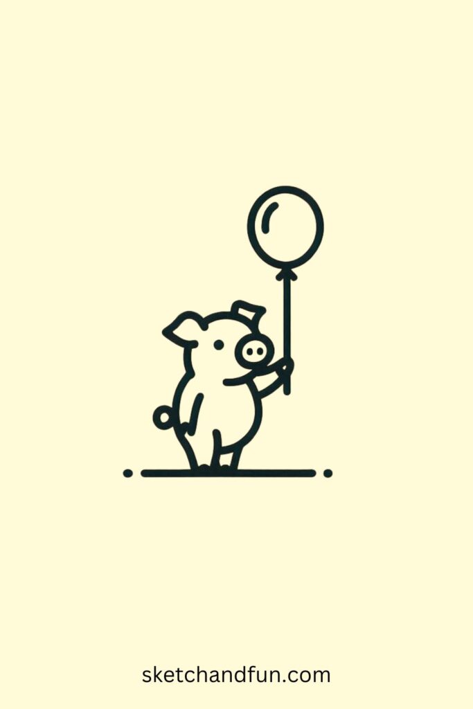 Easy Cute Pig Drawing, Pig with Balloon