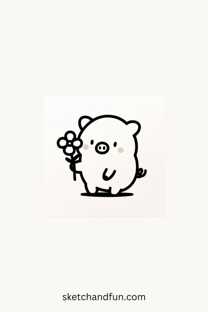 Pig Drawing Cute, Pig with Flowers 