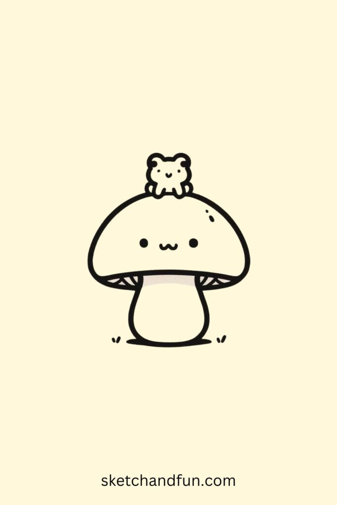 Friog Kawaii Cute Mushroom Drawing, Mushroom with a Tiny Frog 