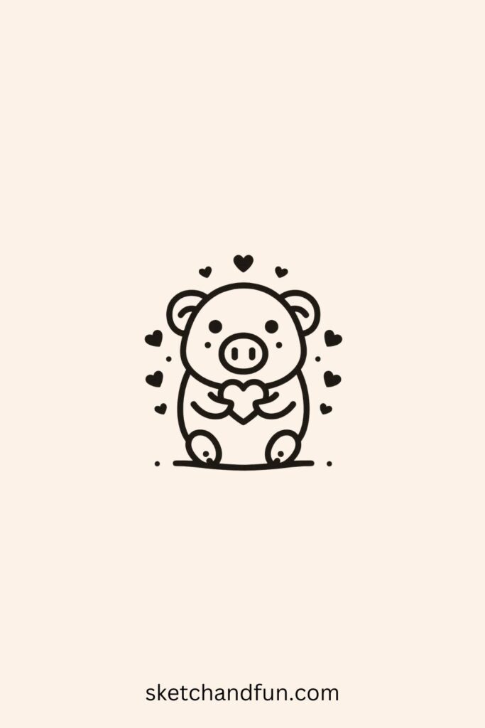 Simple Pig Drawing, Pig with Heart