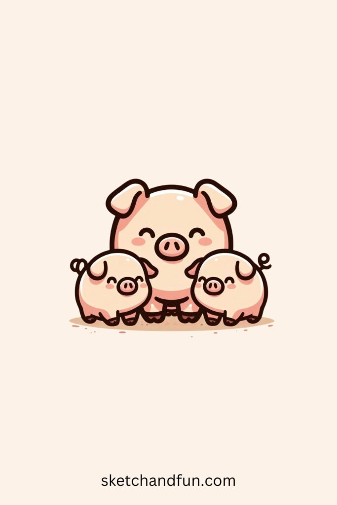 Cute Pig Drawing, Happy Pig Family