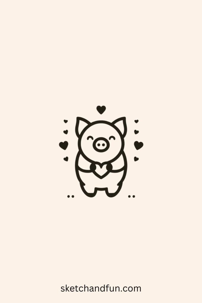 Simple Pig Drawing, Pig with Heart