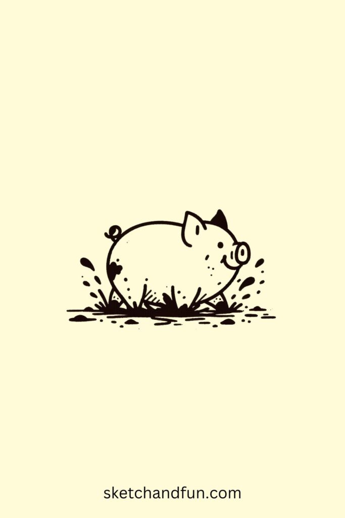 Cute Pig Drawing, Pig in Mud 