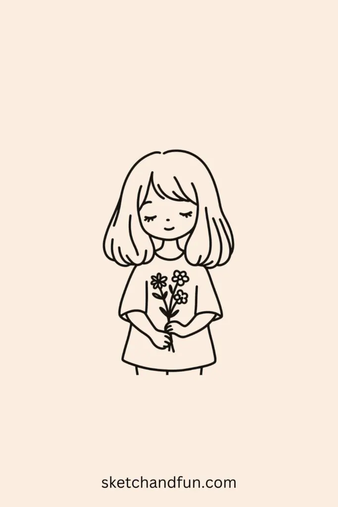 Aesthetic Girl Holding Flowers Drawing Easy
