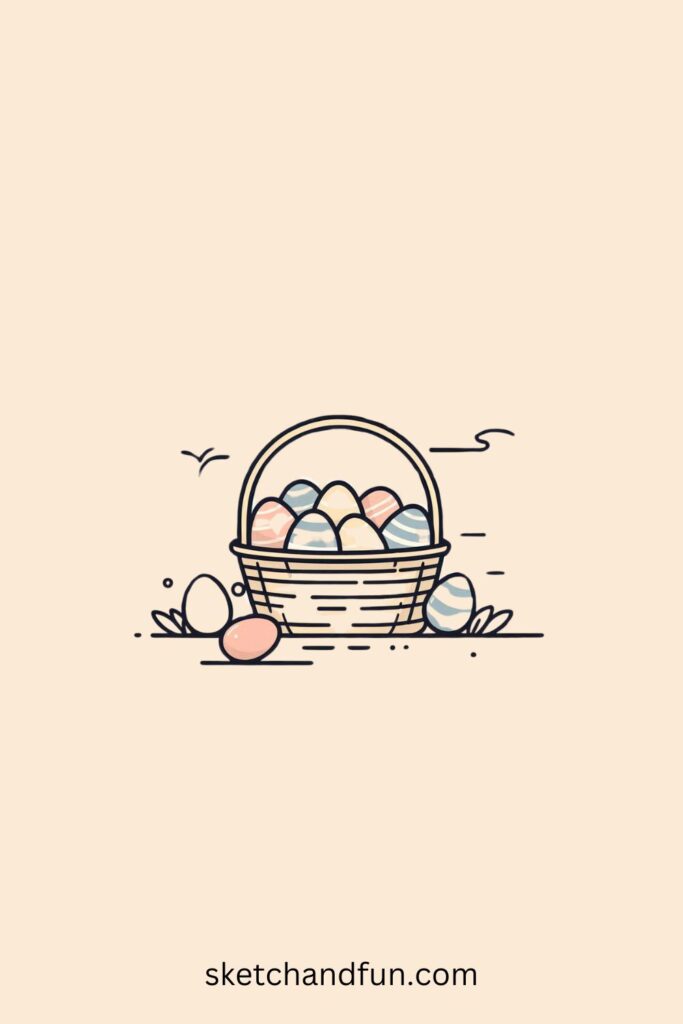 Simple Easter drawing of a basket filled to the brim with colorful Easter eggs