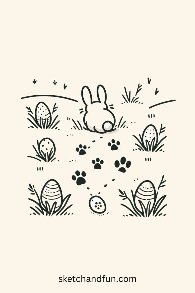 Bunny Easter Drawing, Bunny Footprints Leading to Hidden Eggs