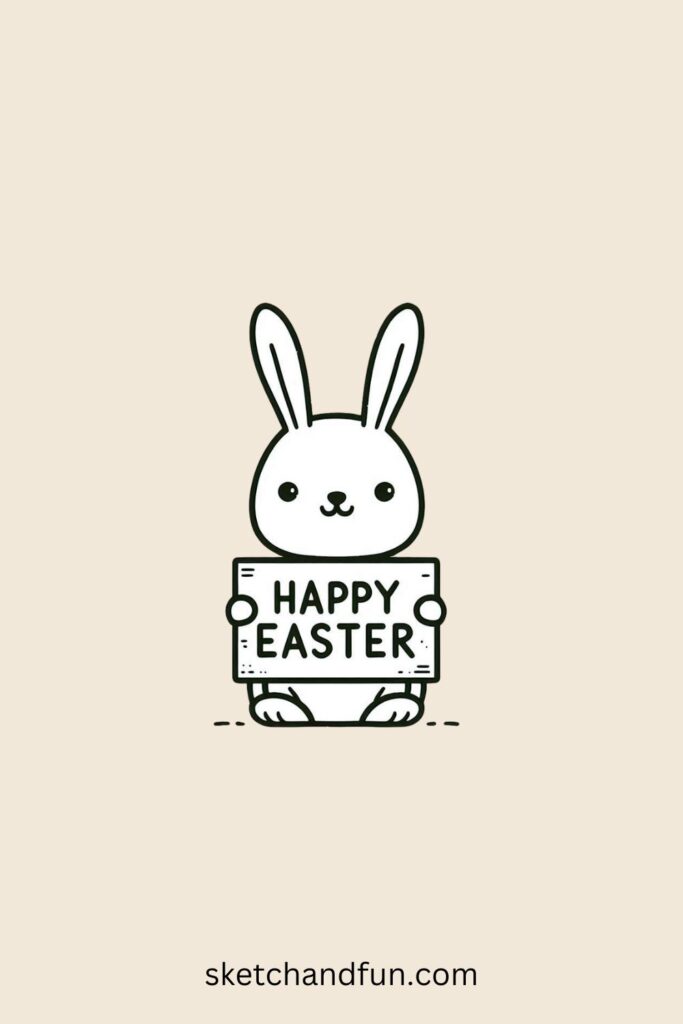 Cute Easter drawing of a bunny holding a sign that says