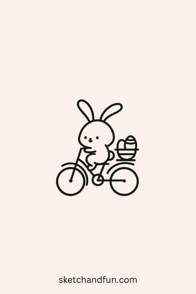 Cartoon Easter Drawing of a Bunny Riding a Bicycle with Eggs in the Basket