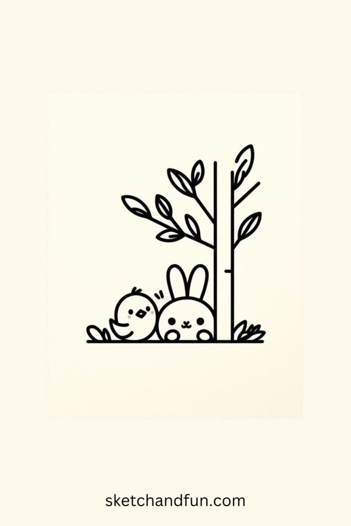 Adorable Easter Drawing of Bunny and Chick Peeking from Behind a Tree