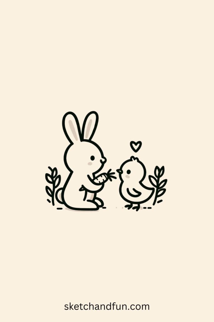 Happy Easter Drawing of a Bunny and Chick Sharing a Carrot