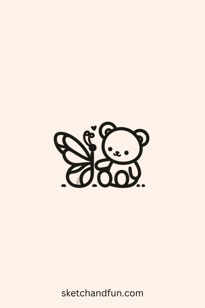 Kawaii Cute Butterfly Drawing, Butterfly with Bear