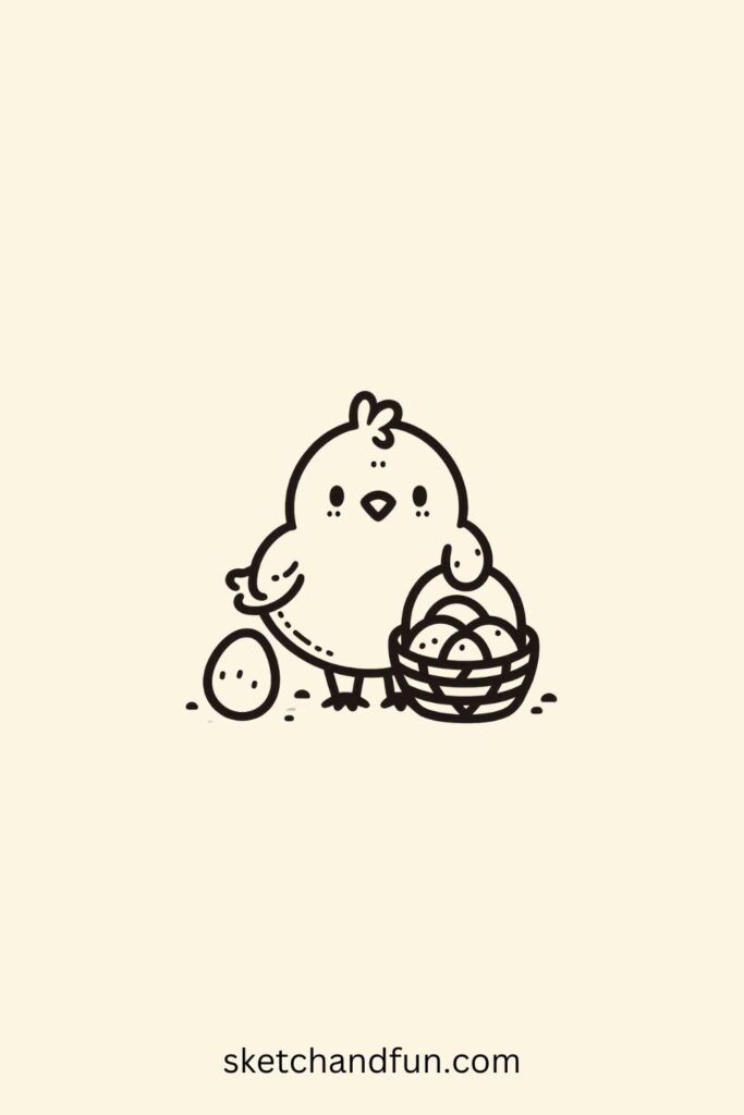 Easy Easter drawing cute where a little chick is holding a basket full of eggs