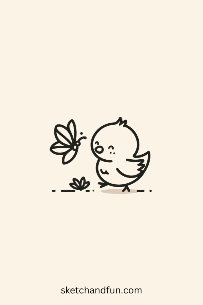Easter Chick Drawing Easy, Chick Playing with a Butterfly