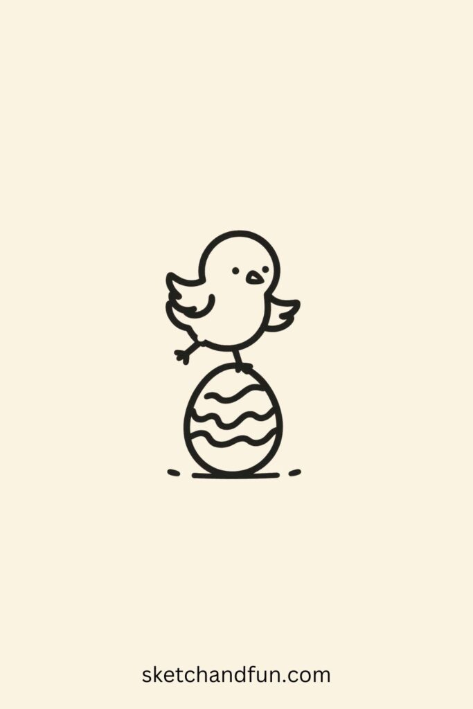 Easy Easter Chick Drawing, Chick Standing on an Easter Egg