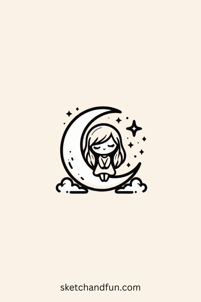 Drawing Aesthetic Idea of Girl Sitting on the Moon