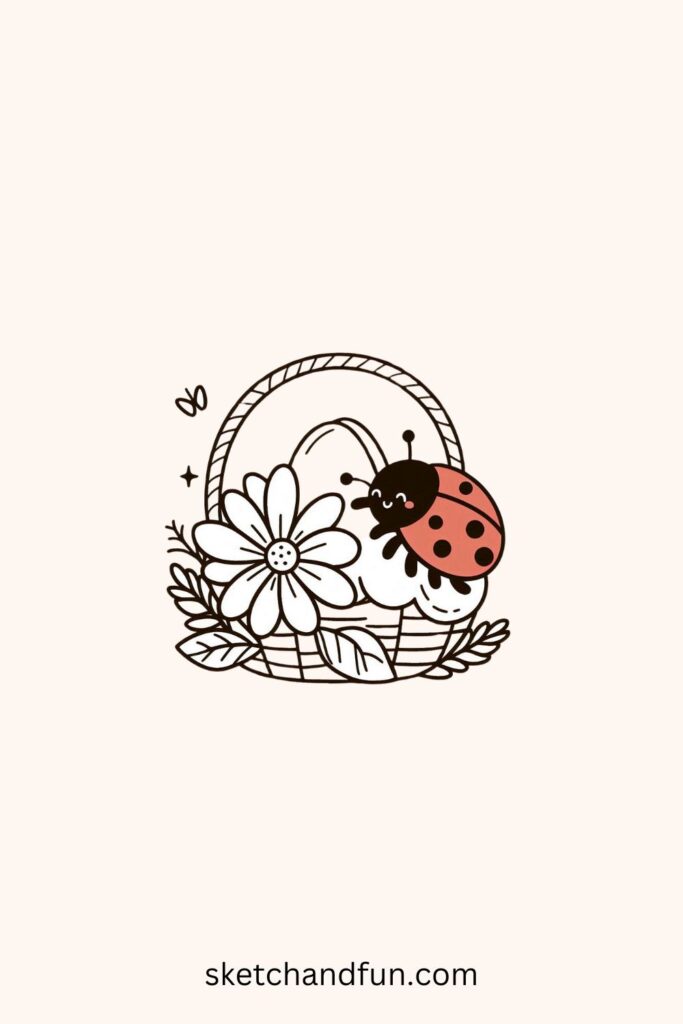 Easter Drawing of a Ladybug on a Flower Near an Easter Basket