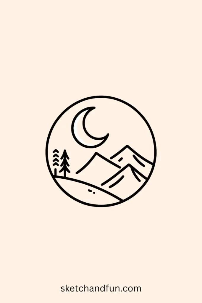 Simple Aesthetic Drawing, Mountain and Moon