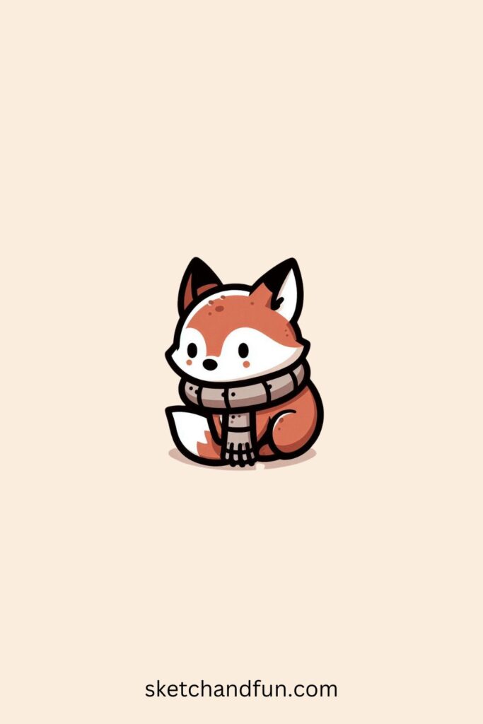 Cute Animal Aesthetic Drawing, Tiny Fox in a Scarf