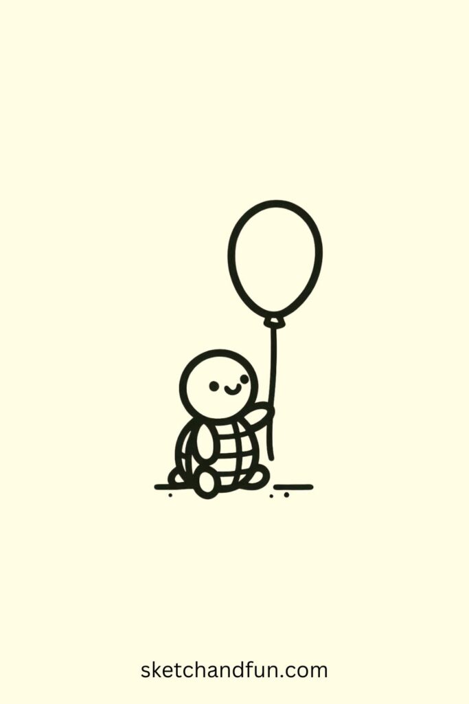 Turtle Easy Drawing, Turtle Holding a Balloon