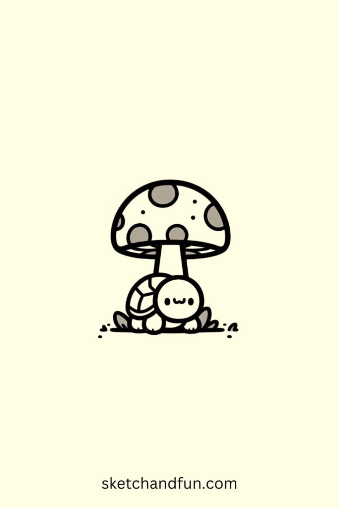 Cute Turtle Drawing Easy, Turtle Under a Mushroom 