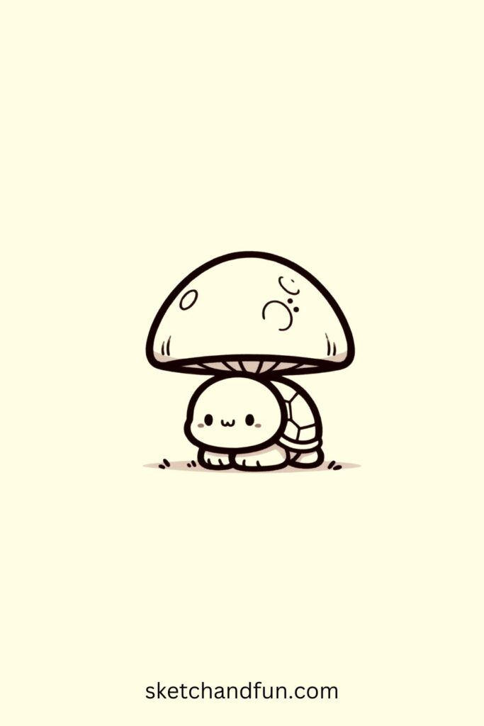 Cute Turtle Drawing Easy, Turtle Under a Mushroom 