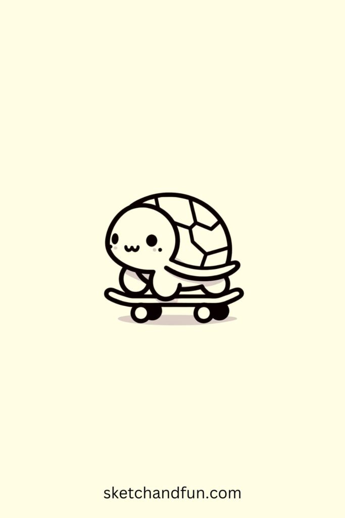 Kawaii Cute Turtle Drawing, Turtle on a Skateboard 