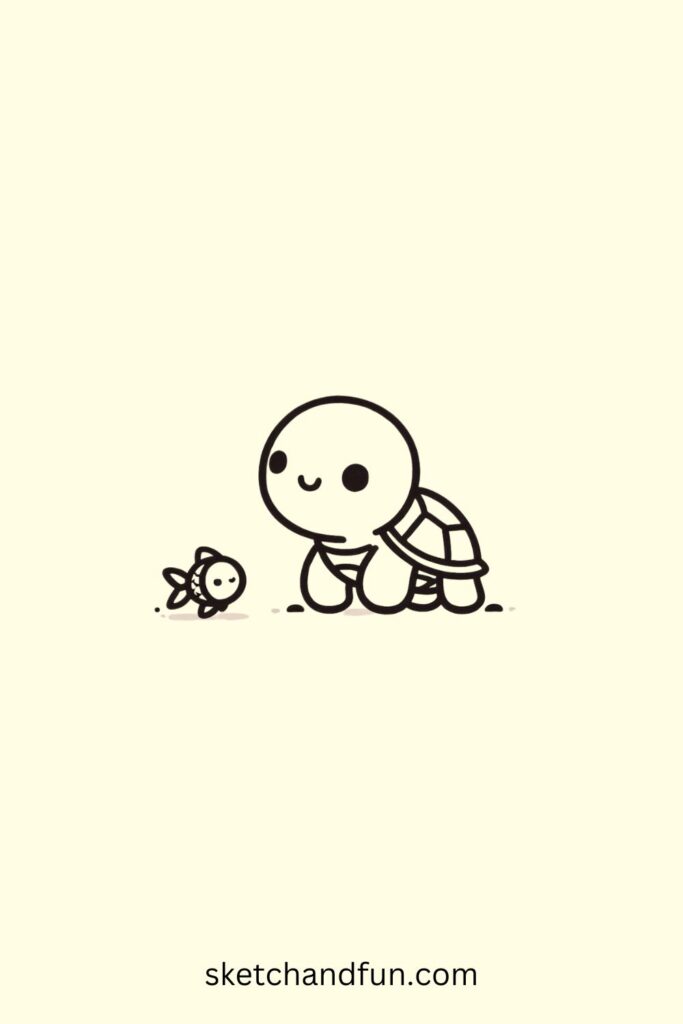 Sea Turtle Drawing, Turtle with a Tiny Fish Friend