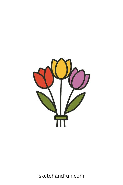 Easy Cute Flower Drawing, A Bouquet of Tulips