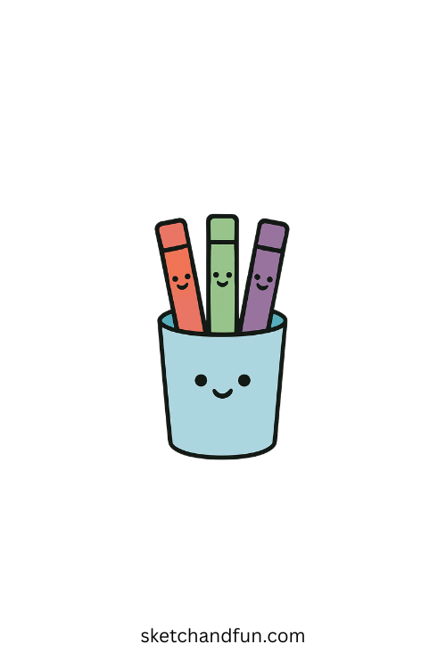 Adorable Back To School Drawing, Markers In A Cup