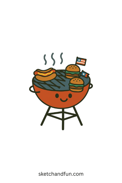 Fourth of July Cute Drawing, Cute BBQ Grill with Food