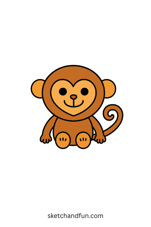 Complete cartoon monkey drawing for kids – simple black and white line art showing a full step-by-step monkey illustration from head to tail, perfect for beginner artists learning how to draw a monkey