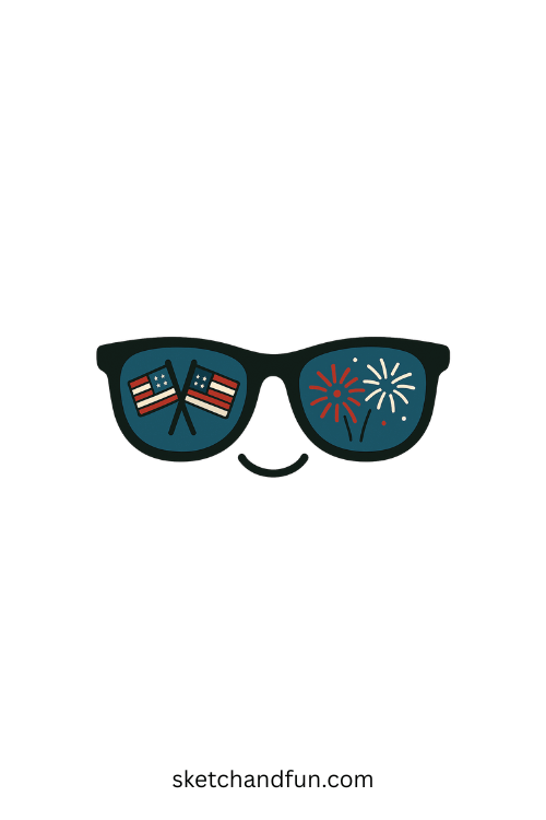 Fourth of July Drawing Easy, Shiny Sunglasses with Flags