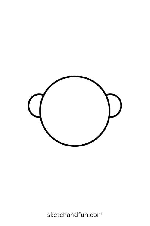 How to draw a monkey step 2 – add two small circles to the sides of the head to create easy monkey ears, perfect for kids and beginners