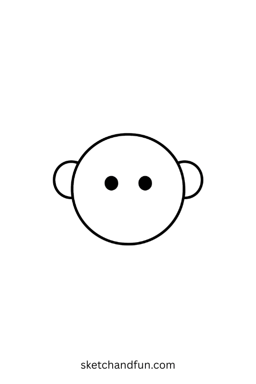 How to draw a monkey step 3 – draw two small eyes inside the head circle, beginner-friendly monkey face drawing in cartoon style