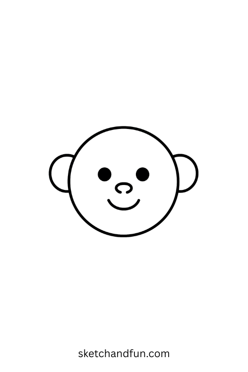How to draw a monkey step 4 – draw a small U-shape nose below the eyes, part of a simple step-by-step monkey face drawing for kids