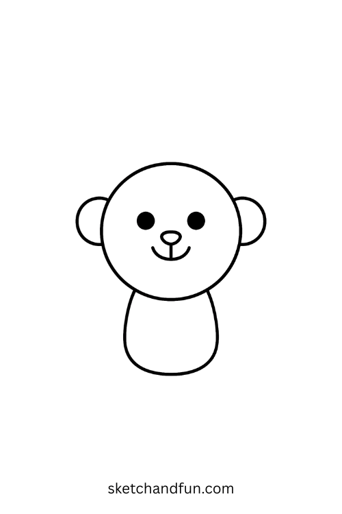 How to draw a monkey step 5 – add a curved line below the nose for a smiling mouth, completing the monkey’s happy face drawing