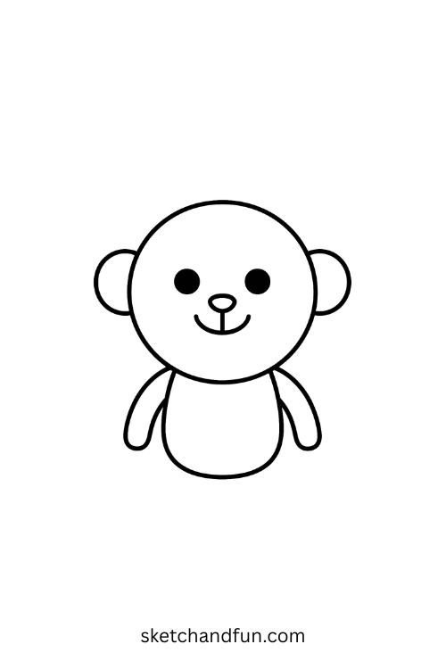 How to draw a monkey step 6 – draw a small vertical oval under the head to create the cartoon monkey’s body, easy drawing guide for children