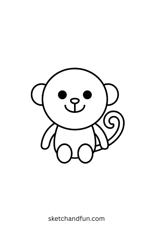 How to draw a monkey step 8 – draw two short legs with rounded feet under the body, continuing the easy monkey sketch for kids