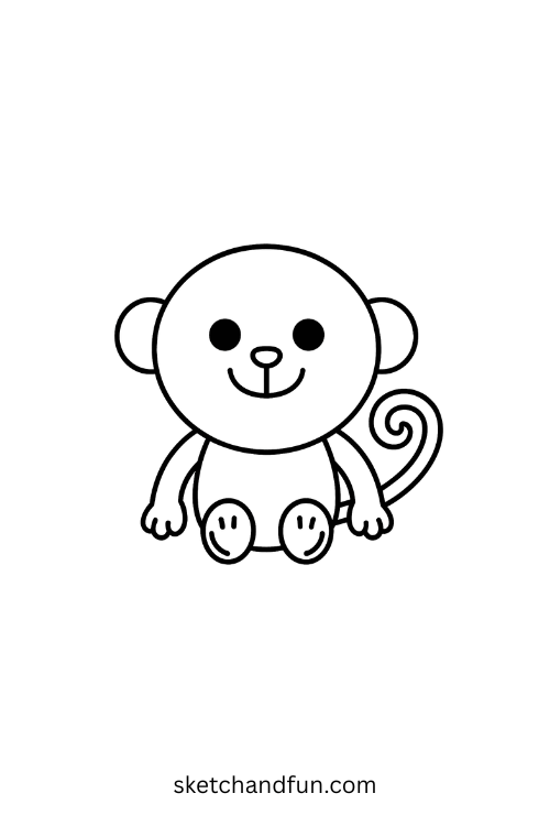 How to draw a monkey step 9 – add a curly tail on one side of the body, step-by-step guide to drawing a cartoon monkey